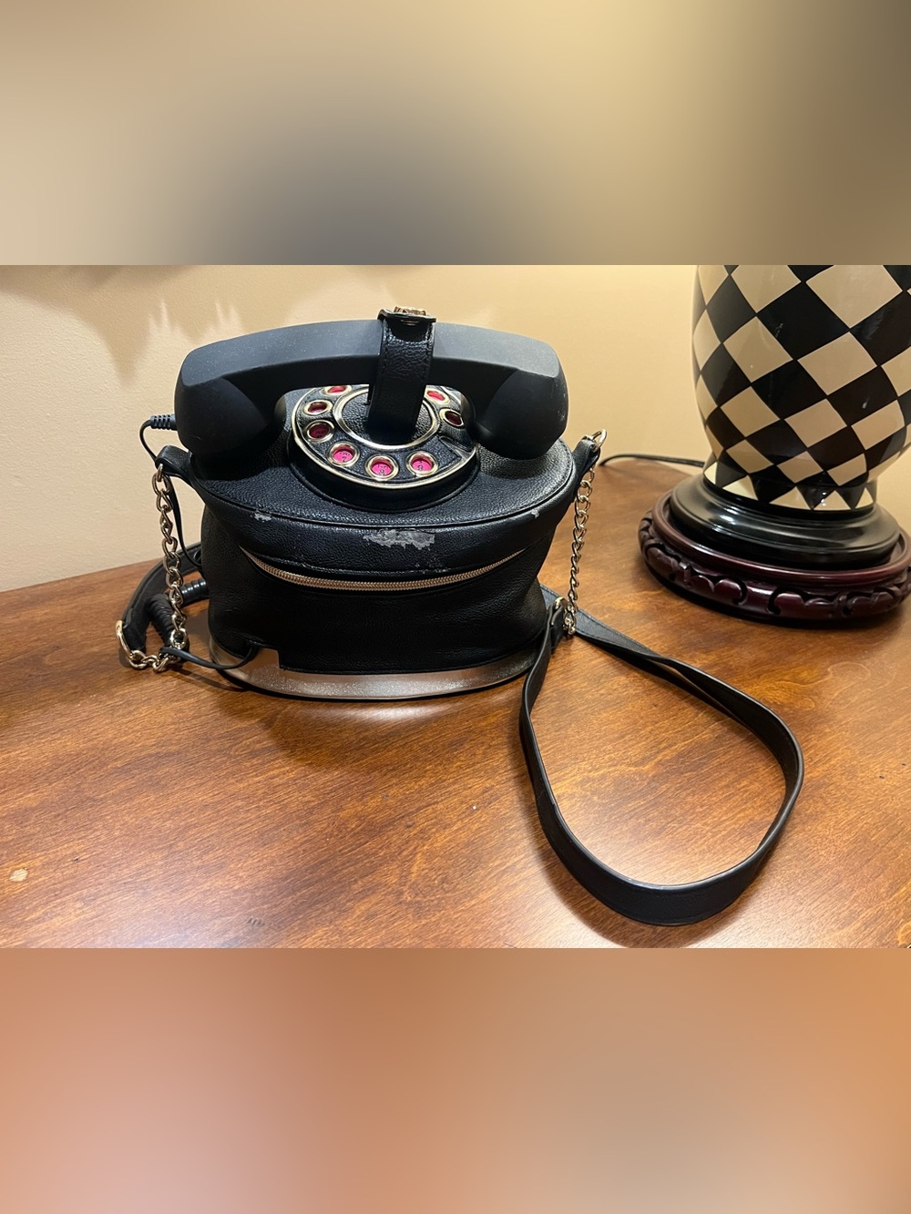 Betsey Johnson Black Novelty Telephone Crossbody with Pink Dial Accents